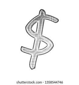 Grunge Ink Metallic Silver Chrome Dollar Sign Or Money And Price Symbol In A 3D Illustration With A Black & White Grungy Glitching Crosshatch Effect In A Handwritten Font On A White Background