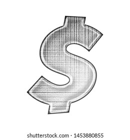 Grunge Ink Metallic Silver Chrome Dollar Sign Or Money And Price Symbol In A 3D Illustration With A Black & White Grungy Glitching Crosshatch Effect In A Basic Bold Font On A White Background