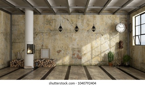 Grunge interior with old wall and stove - 3d rendering
