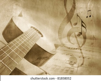 Grunge music background with guitar, sheet music and notes - musical event template in vintage style - Powered by Shutterstock