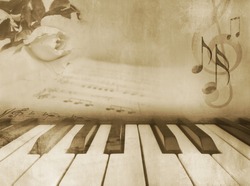 Grunge Musical Background - Piano Keys, Sheet Music And Rose - Vintage Design In Sepia Tone