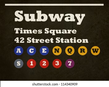 Grunge New York Times Square subway train sign isolated on black background.