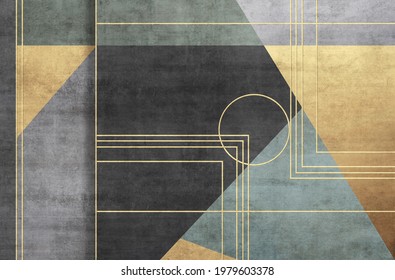 Grunge photo wallpaper with geometric abstraction on concrete background with gold elements. Illustration for wallpaper, fresco, mural.