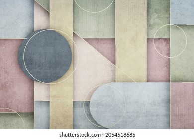 Grunge photo wallpaper with geometric abstraction on concrete background. Illustration for wallpaper, fresco, mural.