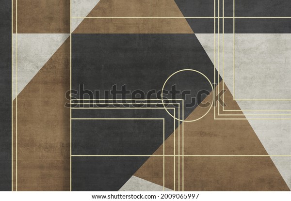 Grunge photo wallpaper with geometric abstraction on concrete background with gold elements. Illustration for wallpaper, fresco, mural.