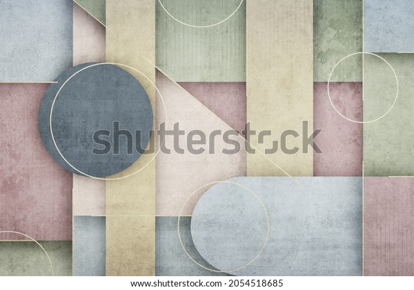 Grunge photo wallpaper with geometric abstraction on concrete background. Illustration for wallpaper, fresco, mural.