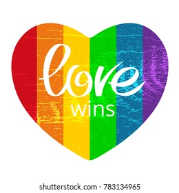 Grunge rainbow heart with Love Wins isolated on white background. Gay pride symbol. LGBT community symbol. Design element for greeting cards or etc.