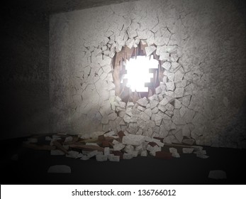 Grunge Room Interior with Sun Rays Breaking Through the Hole in the Concrete Wall