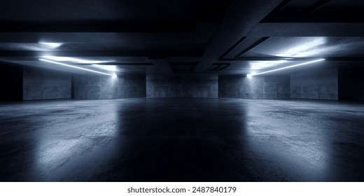 Grunge Sci Fi Concrete Background Cyber Clean Empty Studio Tunnel Corridor Dark Cement Asphalt Light Glow Parking Hangar Warehouse Underground 3D Rendering Illustration