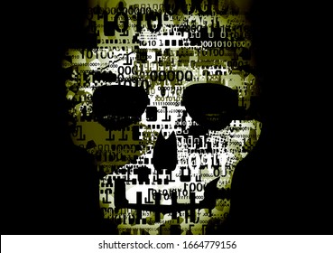 
Grunge Skull made of destroed binary code. 
Expressive dark Illustration of Abstract Skull. Concept for online piracy, hacking.