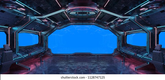 Grunge Spaceship Interior With Blue Background 3D Rendering