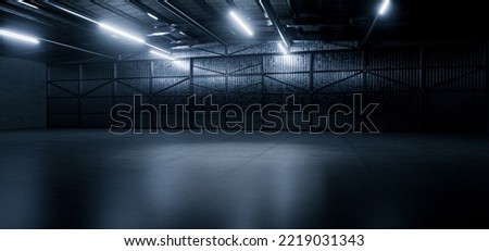 Grunge Studio Showroom Big Empty Steel Concrete Hangar Warehouse Barn Huge Space Dark Night Led Lights Modern Workshop Car Garage Depot 3D Rendering  Illustration Foto d'archivio © 