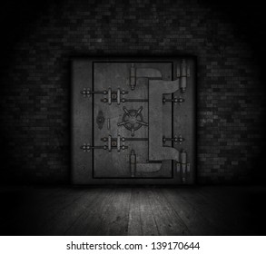 Grunge style bank vault door in a dark interior