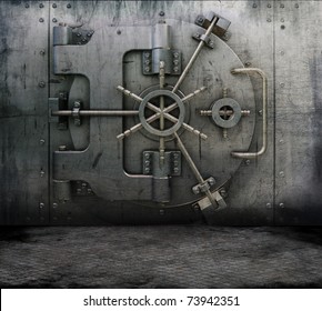 Grunge style image of a room interior with a bank vault