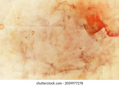 Grunge texture background, brown beige and red orange watercolor painted parchment paper with old vintage stains and distressed grungy textured design