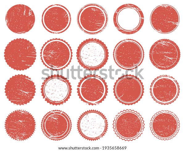 グランジテクスチャスタンプ ゴムの赤い円の切手 悲惨なテクスチャーの赤いビンテージマーク 販売丸印イラストセット のイラスト素材