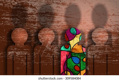 A Grunge Textured Digital Illustration Of A Group Of People Blending In With The Background, Whilst One Person Dares To Be Different And Stand Out.