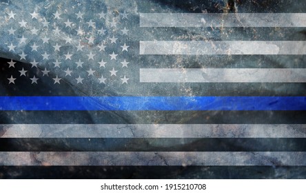 Grunge Thin Blue Line. Black Flag Of USA With Police Blue Line Texture. Retro Flag