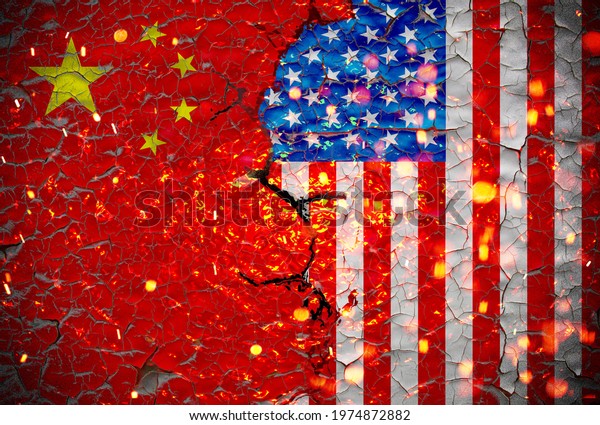 Grunge Us VS China national flags icon pattern\
isolated on broken cracked wall background, abstract international\
political relationship friendship divided conflicts concept texture\
wallpaper