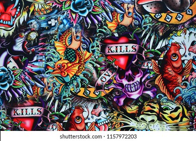 Grunge Wall Tattoo Style Skull Colorful