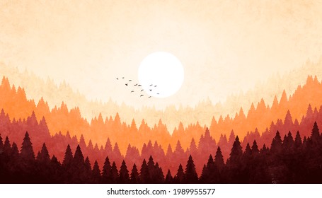 Grunge Watercolor Illustration Of A Forest In Red-brown-beige Color. Background Of Hills At Sunset In Earth Tones