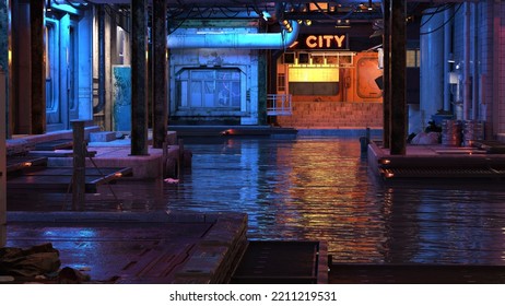 Grungy Cyberpunk City Urban Waterfront Cinematic Landscape Scene. 3D Illustration.