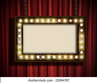 A Grungy Sign With Marquee Lights Hanging By Chains Against A Red Velvet Curtain