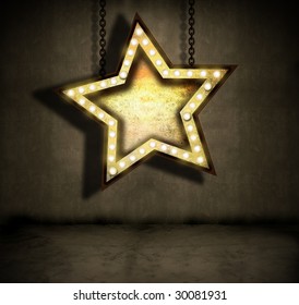 Grungy Star Sign With Marquee Lights Hanging By Chains