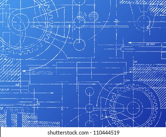 Grungy technical blueprint illustration on blue background