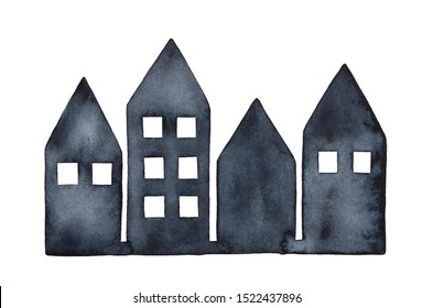 Grungy watercolour silhouette various simple houses  Hand painted black water color sketchy drawing white background  cutout clip art element for design  sticker  banner  Halloween decoration 