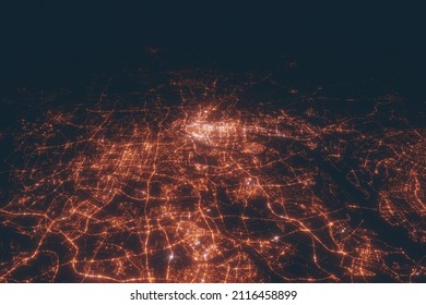 Guangzhou Aerial View At Night. Top View On Modern City With Street Lights. Satellite View With Glow Effect