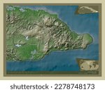 Guantanamo, province of Cuba. Elevation map colored in wiki style with lakes and rivers. Locations and names of major cities of the region. Corner auxiliary location maps