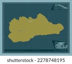 Guantanamo, province of Cuba. Solid color shape. Locations and names of major cities of the region. Corner auxiliary location maps