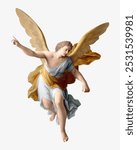 The Guardian Angel, vintage painting by Marcantonio Franceschini. Beautiful vintage angel illustration on white. Vintage angel with bird wings art drawing illustration, angel old painting art print.