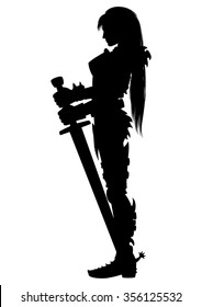 Guardian knight woman silhouette. Illustration girl warrior silhouette in knight armor with two-handed sword