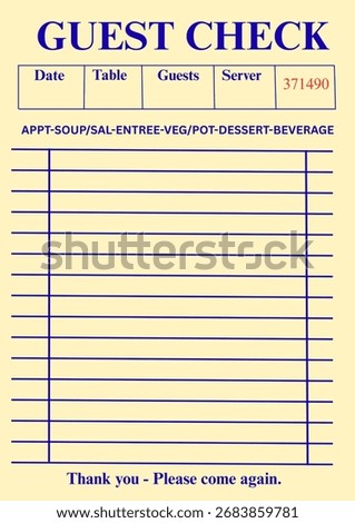A guest check with sections for date, table, guests, server, and order items.