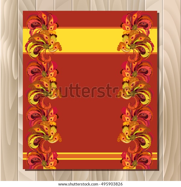Guest list for table. background peacock\
feathers. Golden orange, burgundy, brown and red wedding design\
blank template.\
illustration