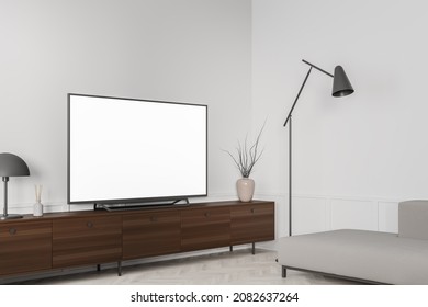 Guest Room Interior With Wooden Commode And Couch, Lamp And Decoration Side View, Parquet Floor In White Apartment. Copy Space Blank Tv Display. 3D Rendering