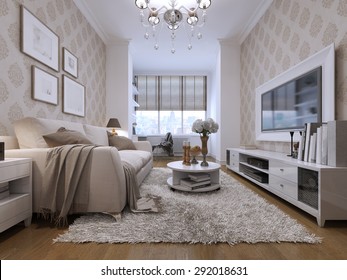 Guest rooms in Art Deco style. With media system with TV in a white frame. And a large window. 3Drender.