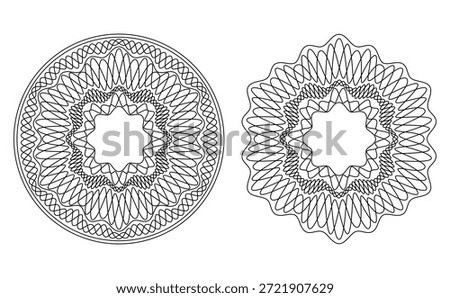 Guilloche pattern used for decorative and security purposes.
Guilloche elements suitable for creating backgrounds, rosettes, borders, and frames. Ideal for certificate, voucher, diploma, banknote, and official document design