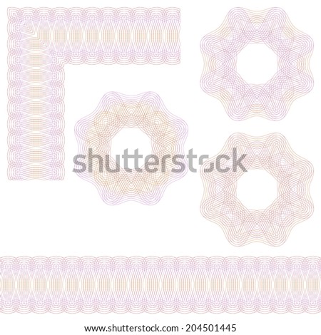 Guilloche rosette and borders. Isolated objects on a white background.