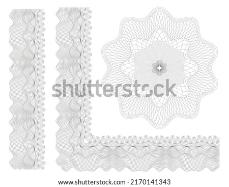 Guilloche used for decorative and protective. Guilloche elements to generate various backgrounds, rosettes, borders. Watermark guilloche design for certificate, voucher, diploma and illustrations.