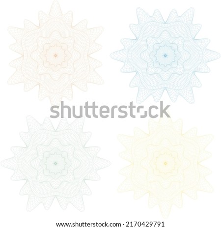 Guilloche used for decorative and protective. Guilloche elements to generate various backgrounds, rosettes, borders. Watermark guilloche design for certificate, voucher, diploma and illustrations.