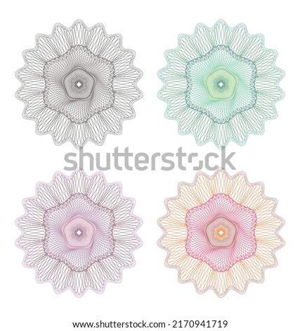 Guilloche used for decorative and protective. Guilloche elements to generate various backgrounds, rosettes, borders. Watermark guilloche design for certificate, voucher, diploma and illustrations.