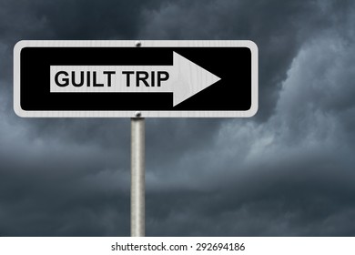 Guilt Trip This Way, Black And White Street Sign With Words Guilt Trip With Stormy Sky Background