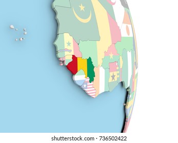 Guinea with embedded flag on globe. 3D illustration.