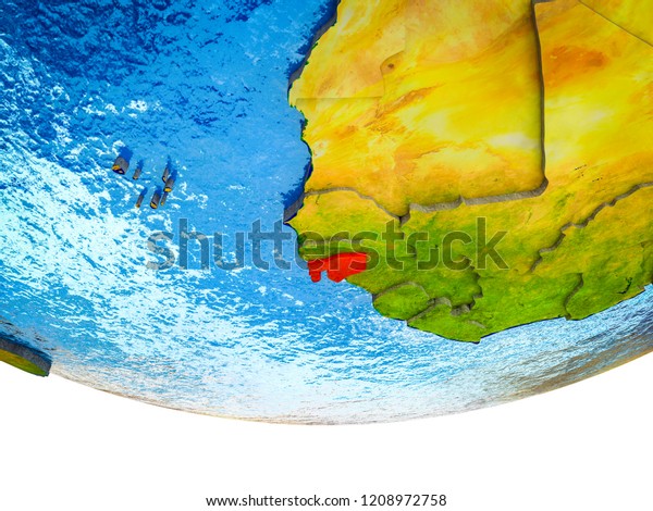Guinea-Bissau on 3D Earth with divided\
countries and watery oceans. 3D\
illustration.