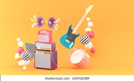 Guitar amplifiers, guitars and drums surrounded by colorful balls on an orange background.-3d rendering.
 - Powered by Shutterstock