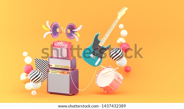 Guitar amplifiers,\
guitars and drums surrounded by colorful balls on an orange\
background.-3d\
rendering.\
