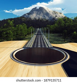 Guitar as a highway in the forest leading to a mountain . This is a 3d render illustration . 